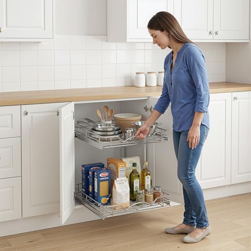 HOLDN’ STORAGE 2-Tier Pull-Out Cabinet Organizer with Heavy-Duty Steel Frame, Full-Extension Sliding Shelves, Holds 100 lbs, Easy Install for Kitchen, Pantry & Under Sink Cabinets