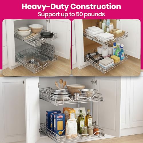 HOLDN’ STORAGE 2-Tier Pull-Out Cabinet Organizer with Heavy-Duty Steel Frame, Full-Extension Sliding Shelves, Holds 100 lbs, Easy Install for Kitchen, Pantry & Under Sink Cabinets