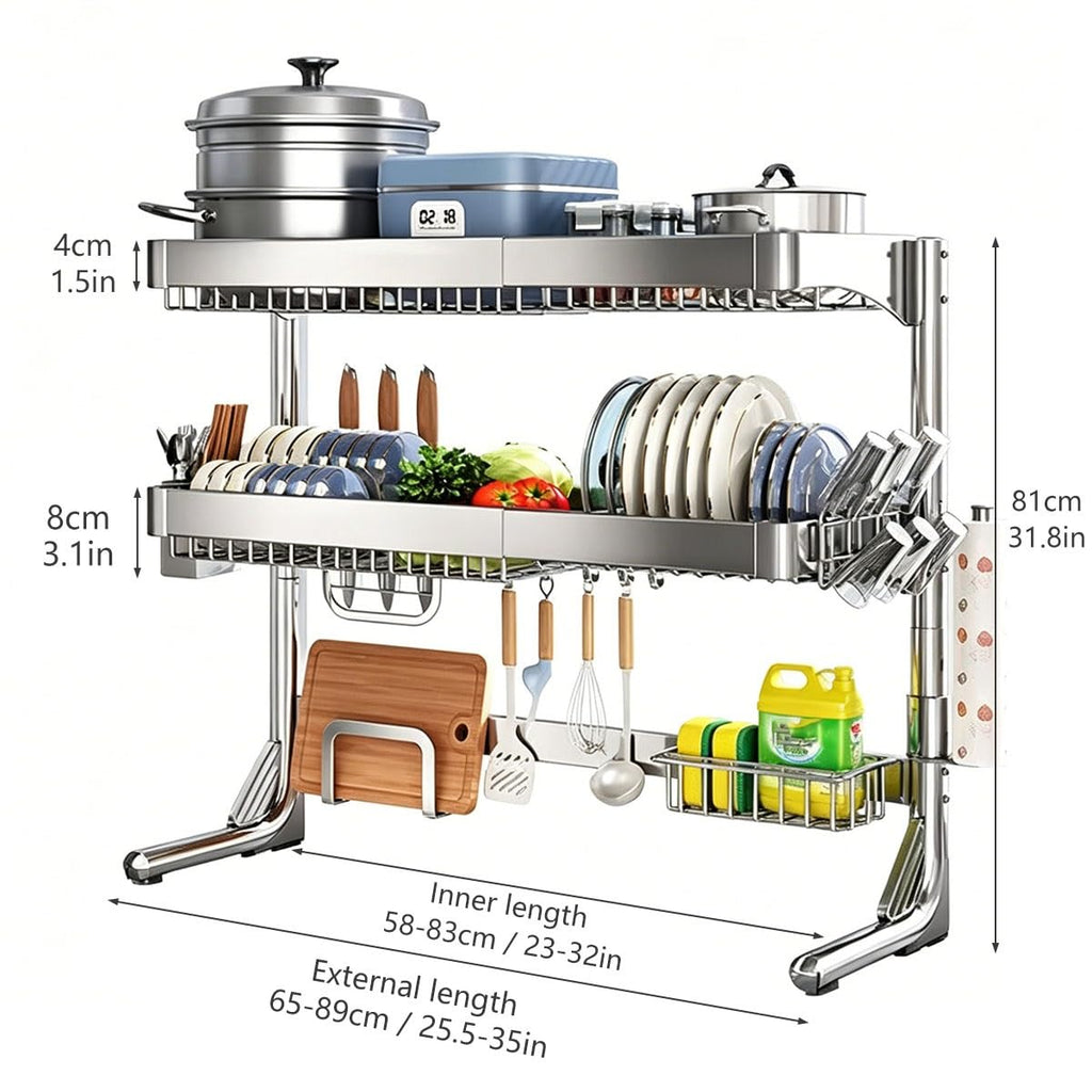 Over the Sink Dish Drying Rack, Expandable Stainless Steel 2-Tier Shelf, Space-Saving Kitchen Organizer for Countertop, Versatile Above Sink Drying Rack