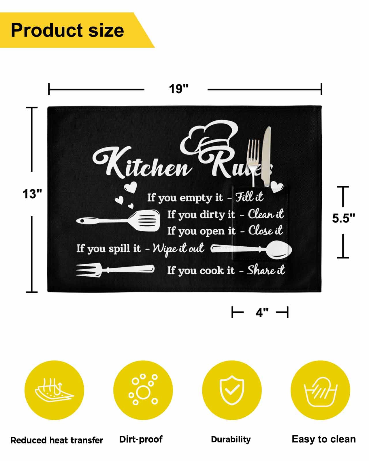 Wipeable Kitchen Placemats with Pocket 13x19 Inch