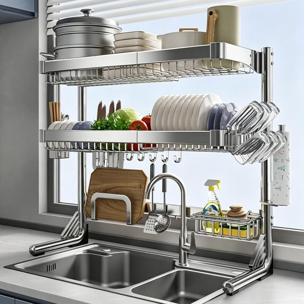 Over the Sink Dish Drying Rack, Expandable Stainless Steel 2-Tier Shelf, Space-Saving Kitchen Organizer for Countertop, Versatile Above Sink Drying Rack