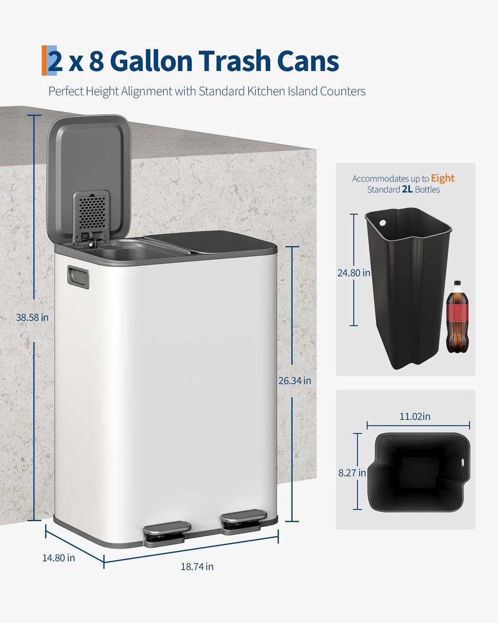 Stainless Steel Double Trash Can with Lid 10.6 Gal