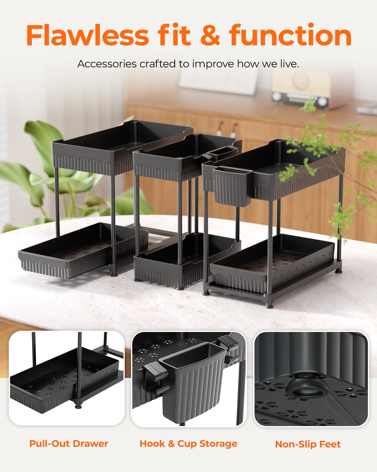 2 Tier Under Sink Organizer with Sliding Drawers 3 Pack