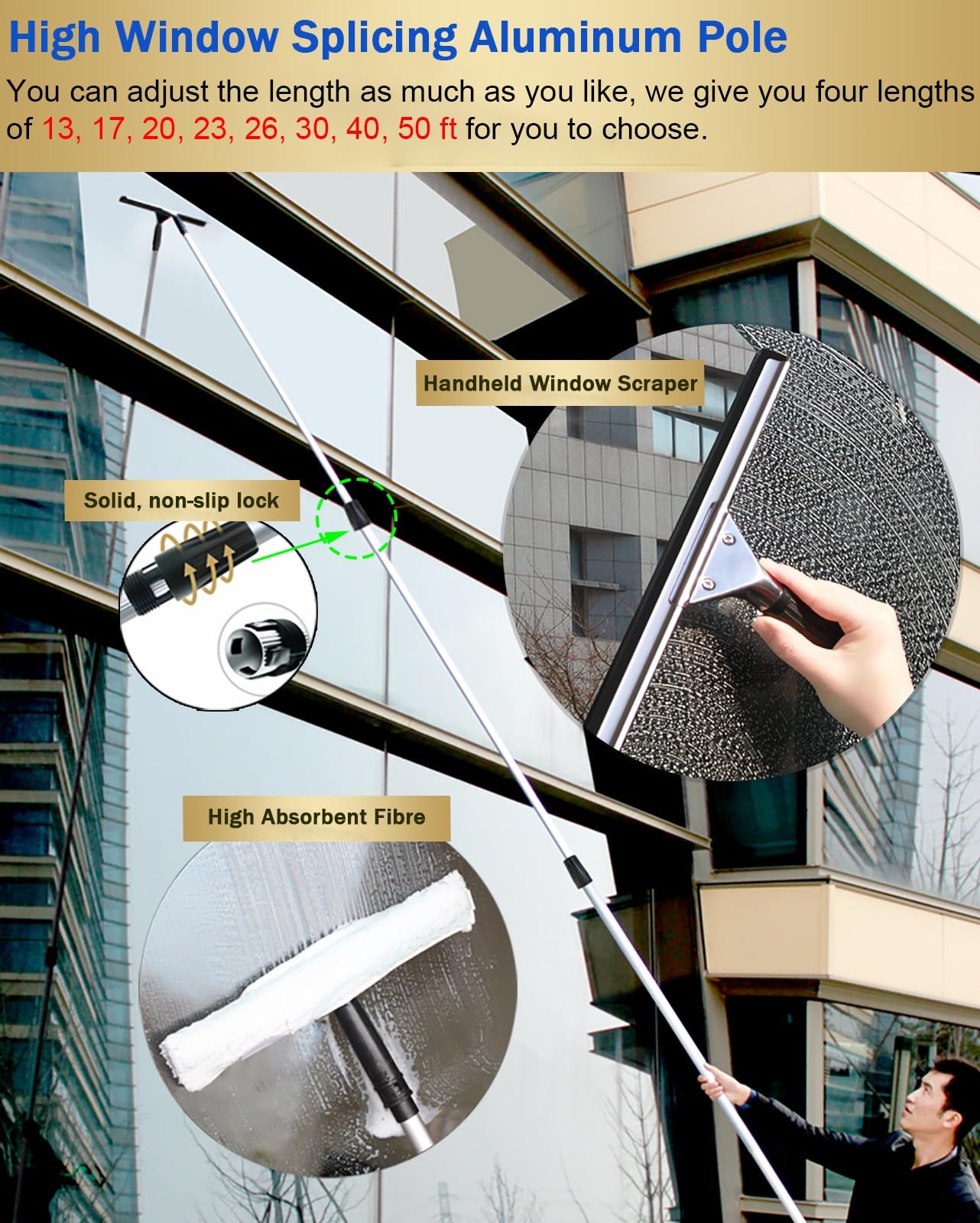 High Reach Glass Cleaning Tool 3-in-1 Window Cleaning Kit for Smooth Surfaces Adjustable Length for Shower Doors and Mirrors Perfect for Commercial Office Use
