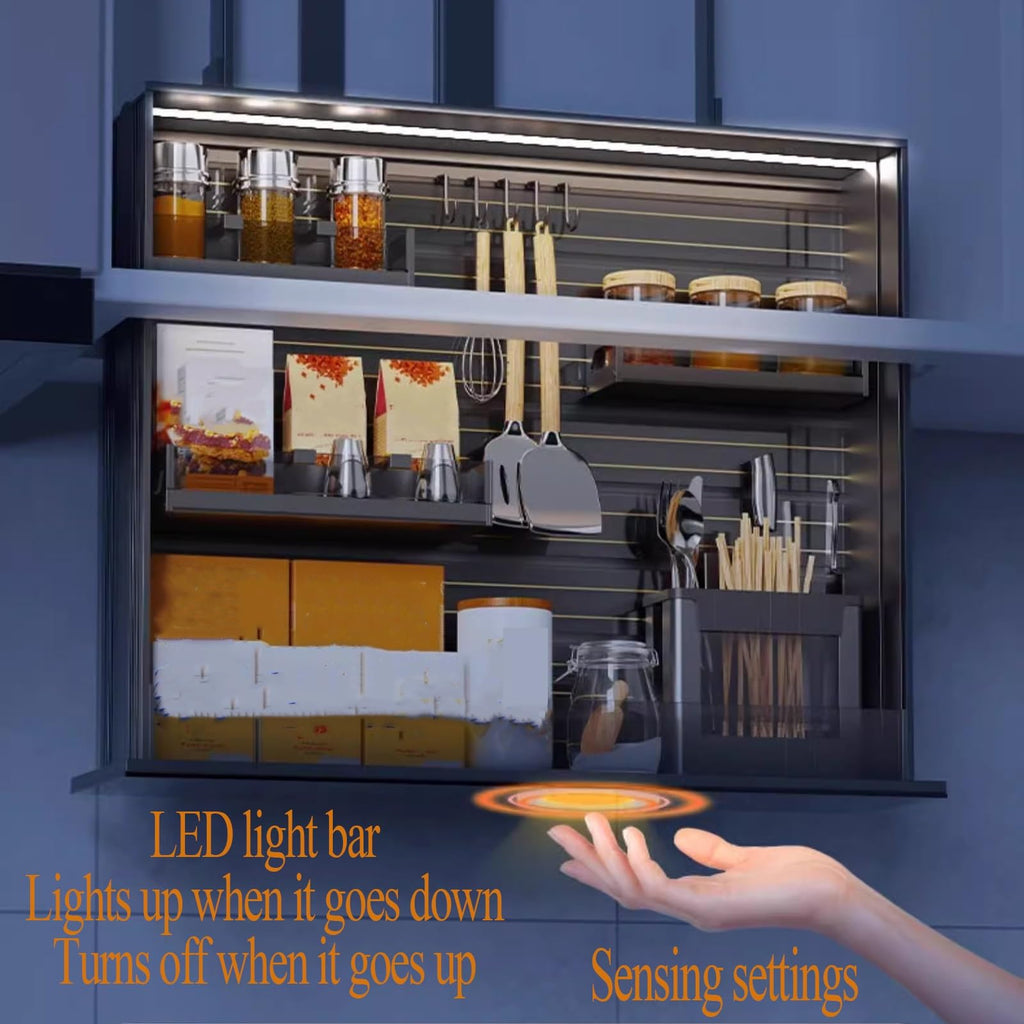 Pull Down Wall Cabinet Organizer with Glass Baffle and Light