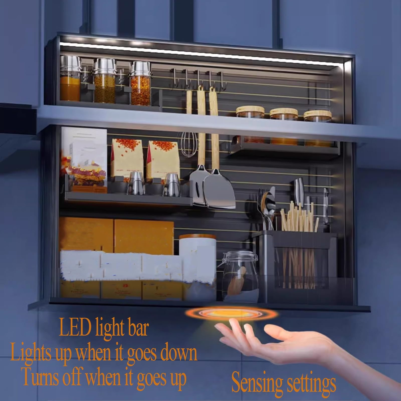 Pull Down Wall Cabinet Organizer with Glass Baffle and Light