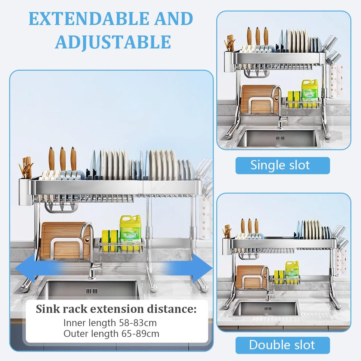 Over the Sink Dish Drying Rack, Expandable Stainless Steel 2-Tier Shelf, Space-Saving Kitchen Organizer for Countertop, Versatile Above Sink Drying Rack