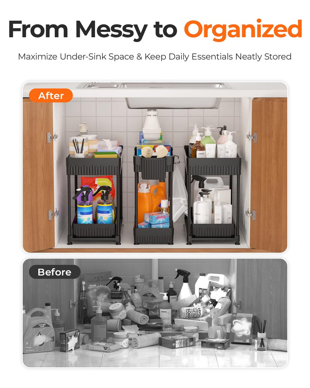 2 Tier Under Sink Organizer with Sliding Drawers 3 Pack