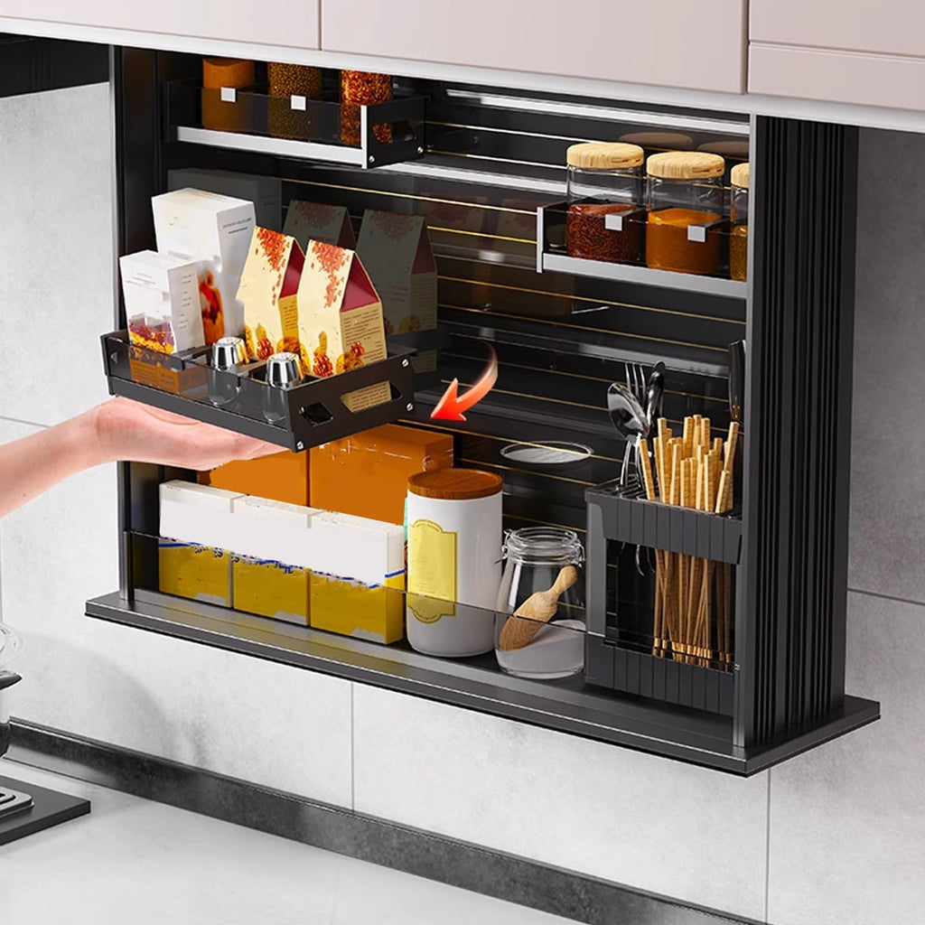 Pull Down Wall Cabinet Organizer with Glass Baffle and Light
