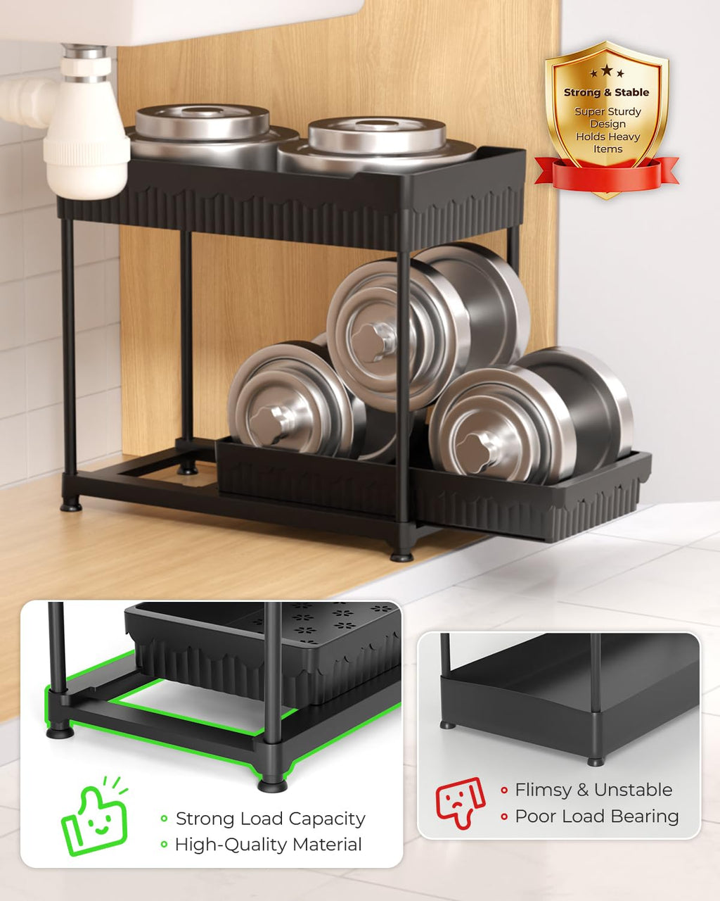 2 Tier Under Sink Organizer with Sliding Drawers 3 Pack