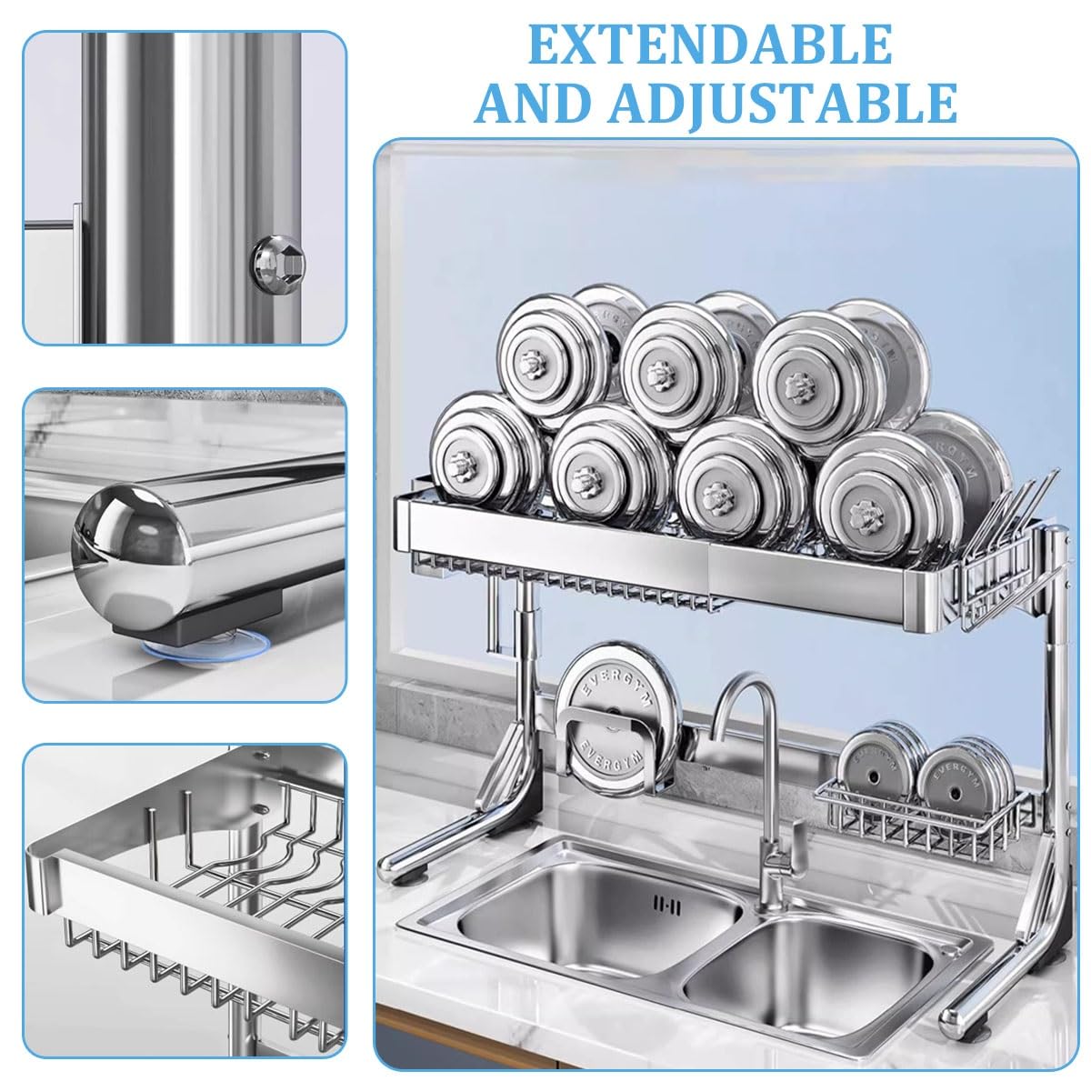 Over the Sink Dish Drying Rack, Expandable Stainless Steel 2-Tier Shelf, Space-Saving Kitchen Organizer for Countertop, Versatile Above Sink Drying Rack