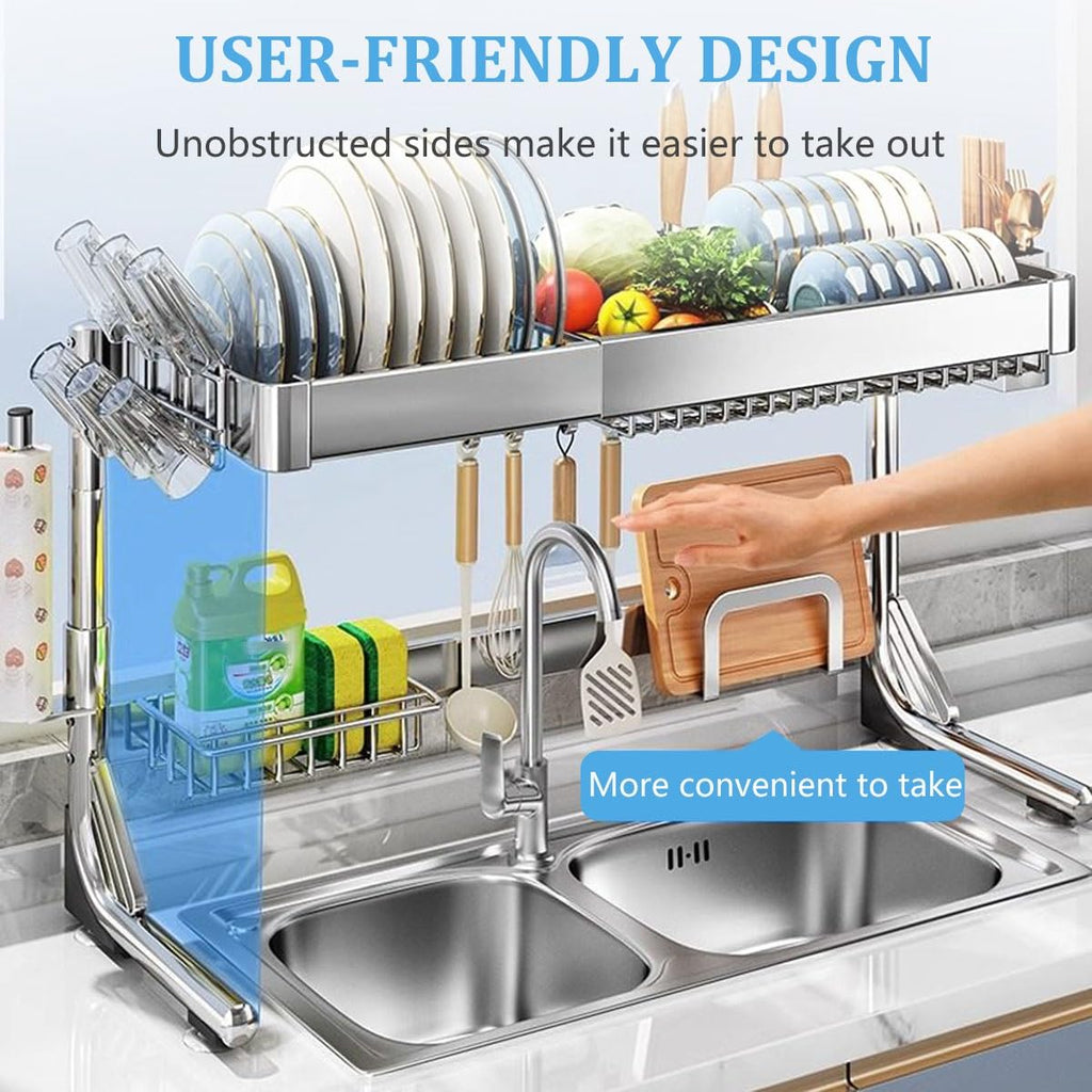 Over the Sink Dish Drying Rack, Expandable Stainless Steel 2-Tier Shelf, Space-Saving Kitchen Organizer for Countertop, Versatile Above Sink Drying Rack