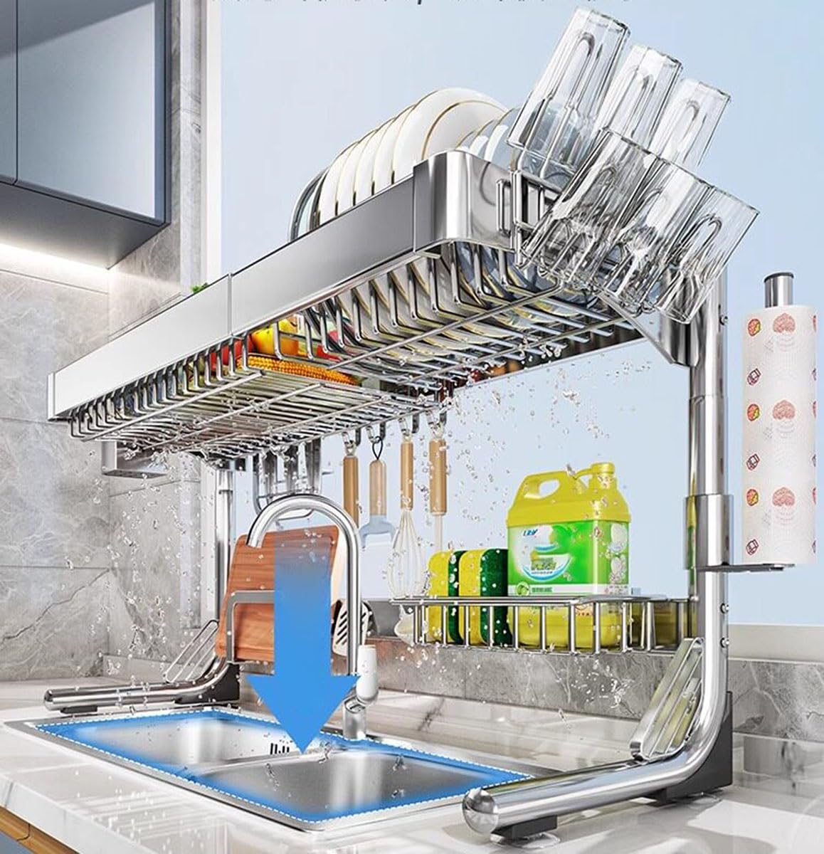Over the Sink Dish Drying Rack, Expandable Stainless Steel 2-Tier Shelf, Space-Saving Kitchen Organizer for Countertop, Versatile Above Sink Drying Rack