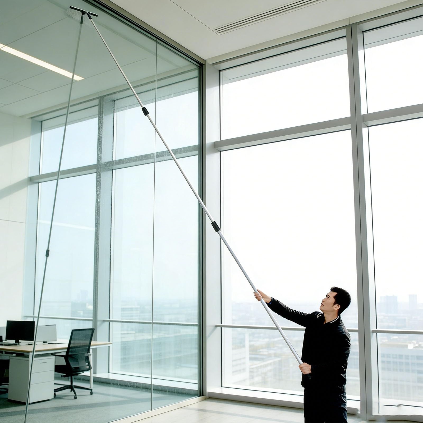 High Reach Glass Cleaning Tool 3-in-1 Window Cleaning Kit for Smooth Surfaces Adjustable Length for Shower Doors and Mirrors Perfect for Commercial Office Use