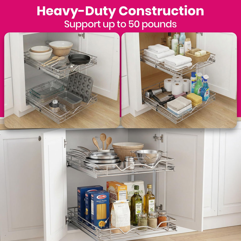 HOLDN’ STORAGE 2-Tier Pull-Out Cabinet Organizer with Heavy-Duty Steel Frame, Full-Extension Sliding Shelves, Holds 100 lbs, Easy Install for Kitchen, Pantry & Under Sink Cabinets