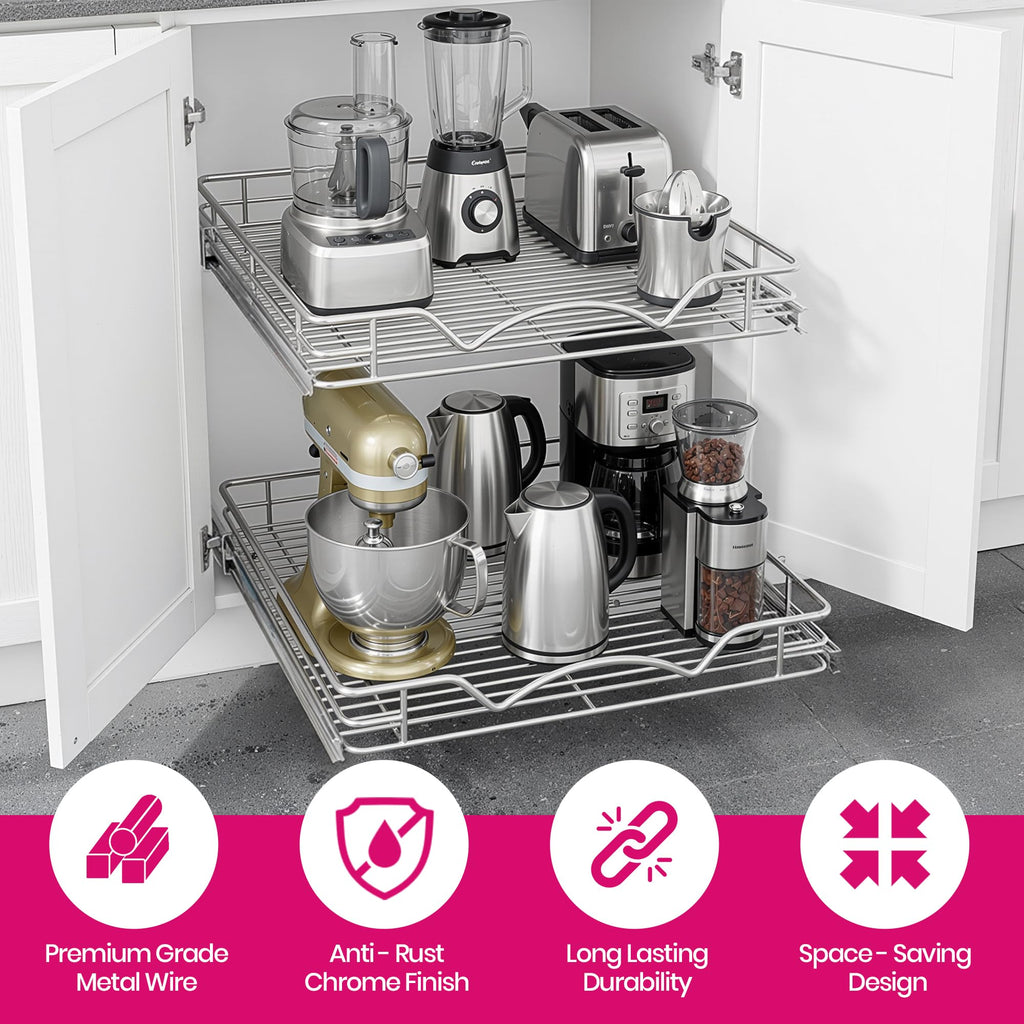 HOLDN’ STORAGE 2-Tier Pull-Out Cabinet Organizer with Heavy-Duty Steel Frame, Full-Extension Sliding Shelves, Holds 100 lbs, Easy Install for Kitchen, Pantry & Under Sink Cabinets