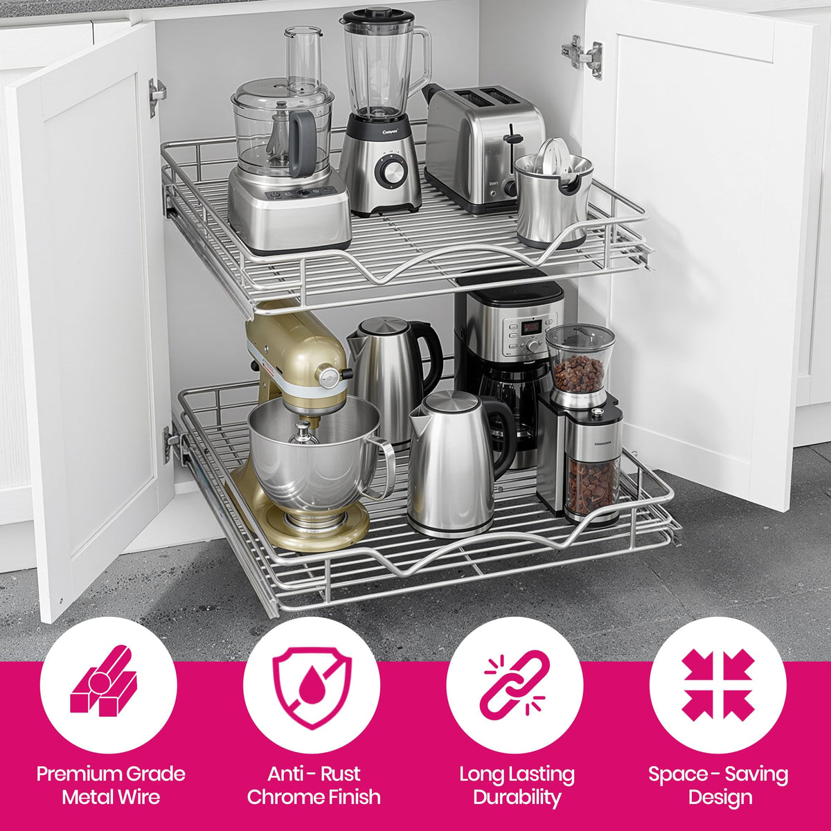 HOLDN’ STORAGE 2-Tier Pull-Out Cabinet Organizer with Heavy-Duty Steel Frame, Full-Extension Sliding Shelves, Holds 100 lbs, Easy Install for Kitchen, Pantry & Under Sink Cabinets