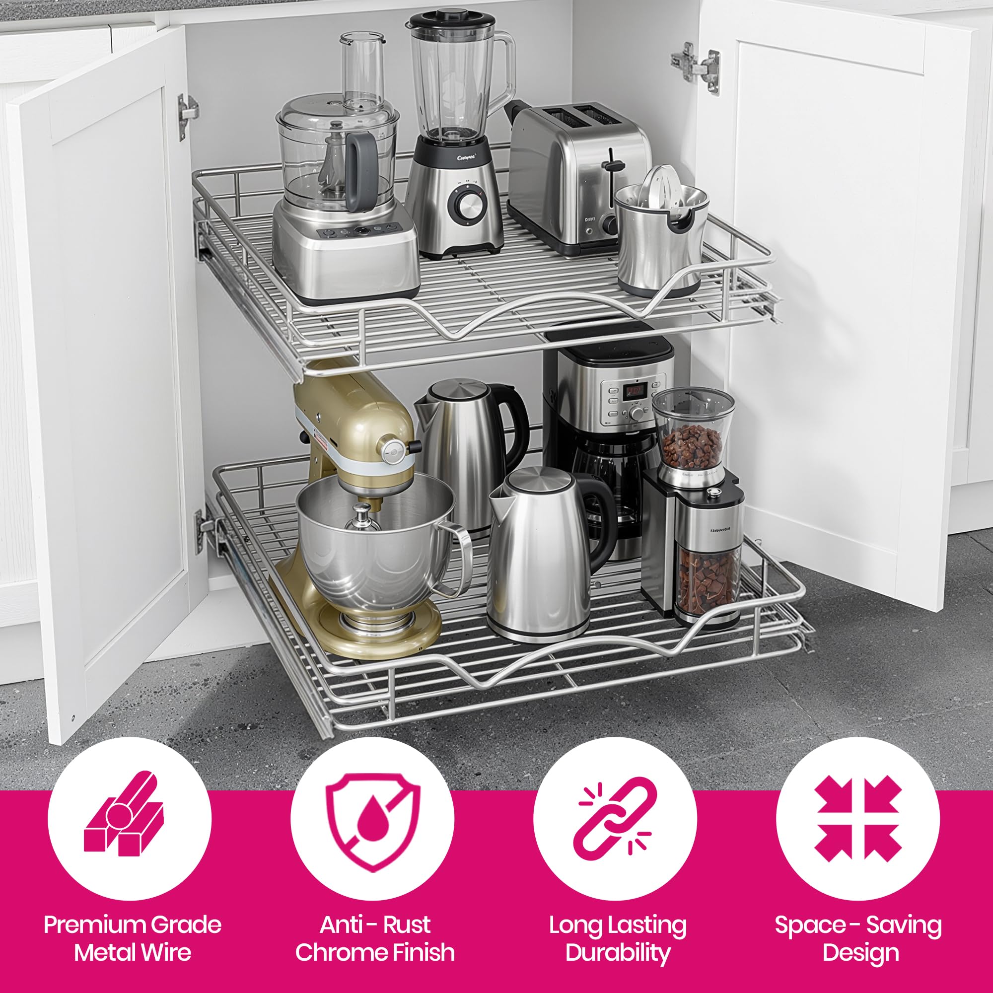 HOLDN’ STORAGE 2-Tier Pull-Out Cabinet Organizer with Heavy-Duty Steel Frame, Full-Extension Sliding Shelves, Holds 100 lbs, Easy Install for Kitchen, Pantry & Under Sink Cabinets