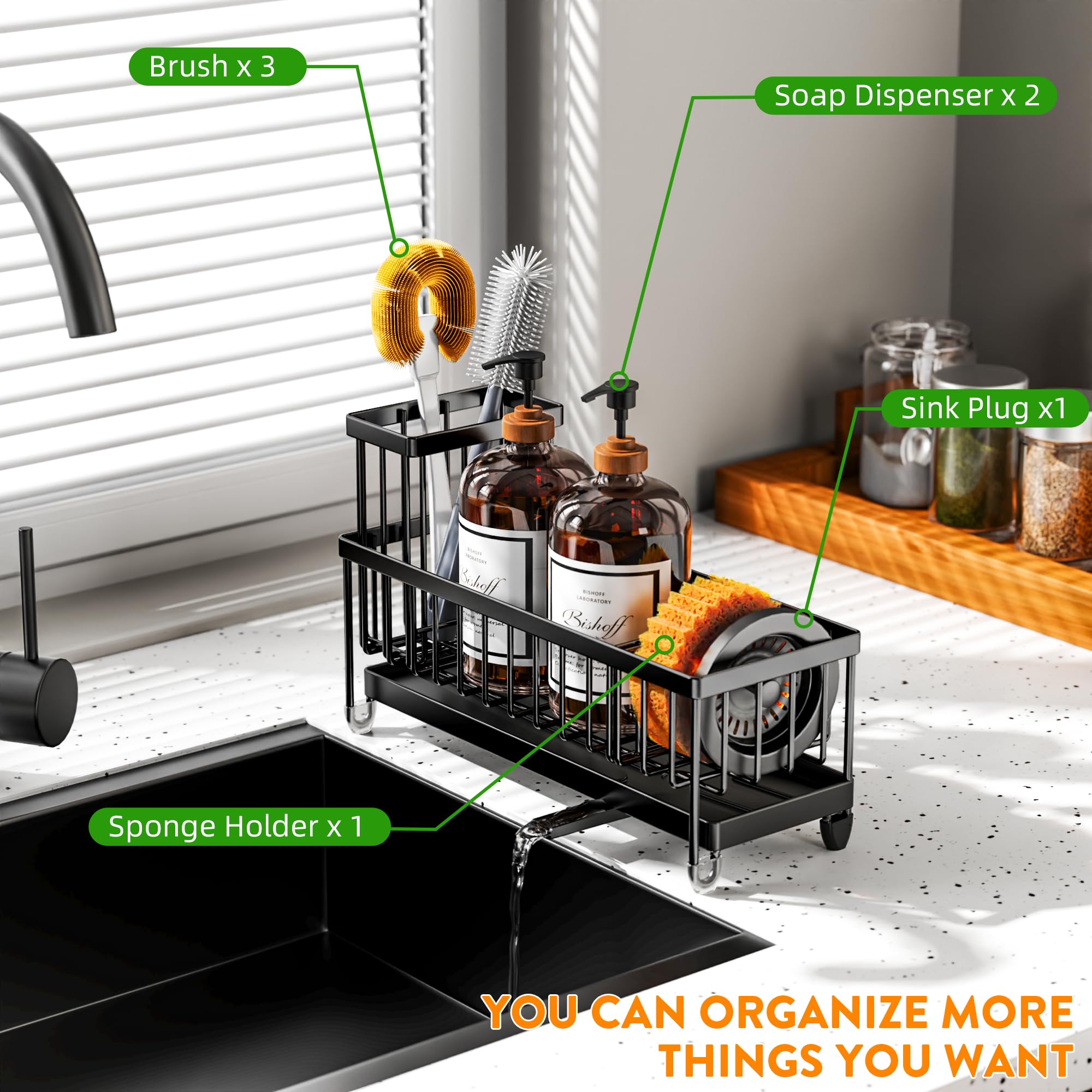 Kitchen Sink Sponge Holder with Brush Organizer