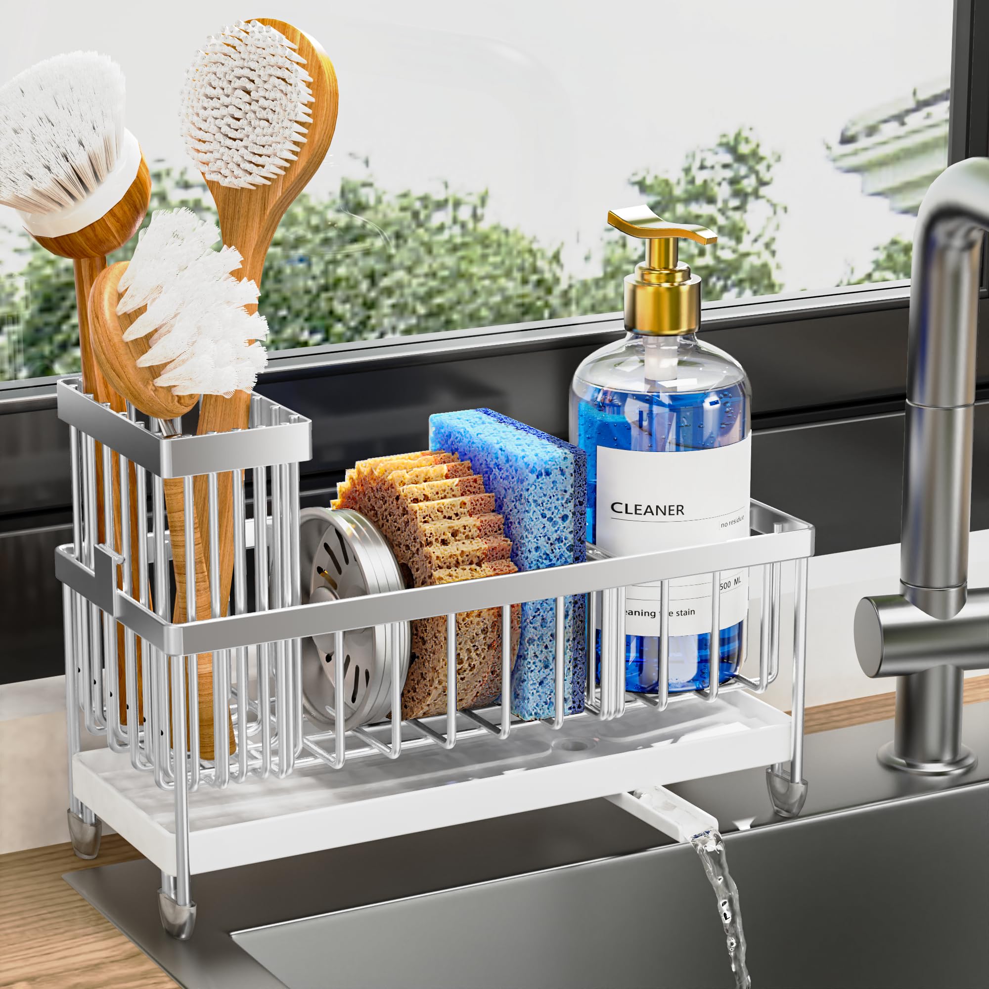 Kitchen Sink Sponge Holder with Brush Organizer
