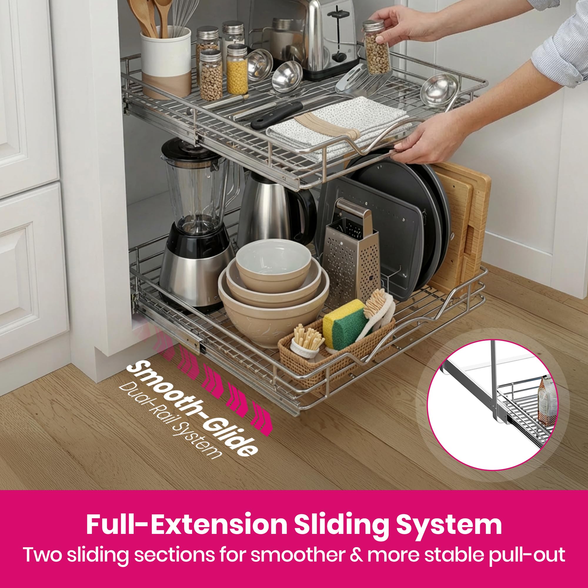 HOLDN’ STORAGE 2-Tier Pull-Out Cabinet Organizer with Heavy-Duty Steel Frame, Full-Extension Sliding Shelves, Holds 100 lbs, Easy Install for Kitchen, Pantry & Under Sink Cabinets