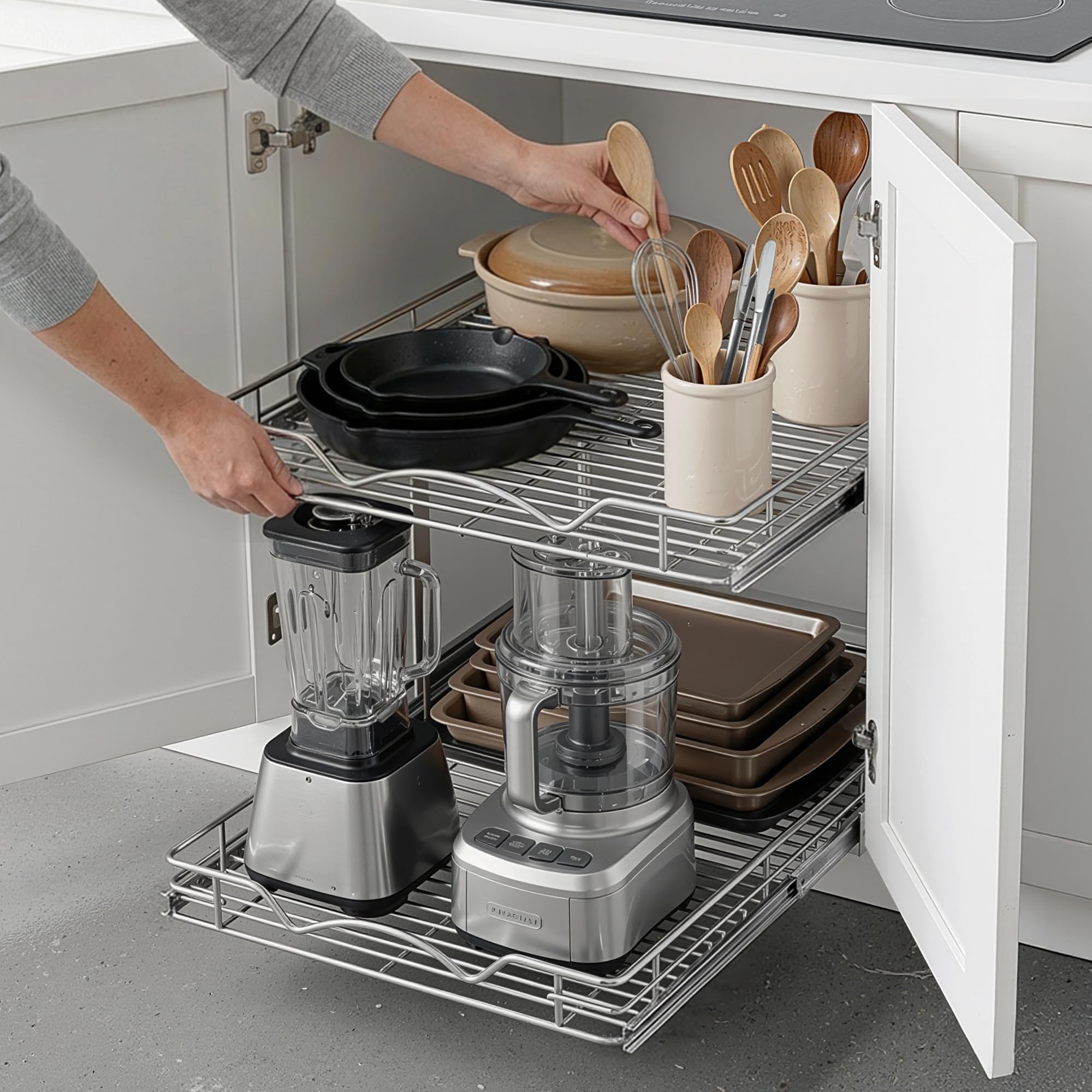 HOLDN’ STORAGE 2-Tier Pull-Out Cabinet Organizer with Heavy-Duty Steel Frame, Full-Extension Sliding Shelves, Holds 100 lbs, Easy Install for Kitchen, Pantry & Under Sink Cabinets