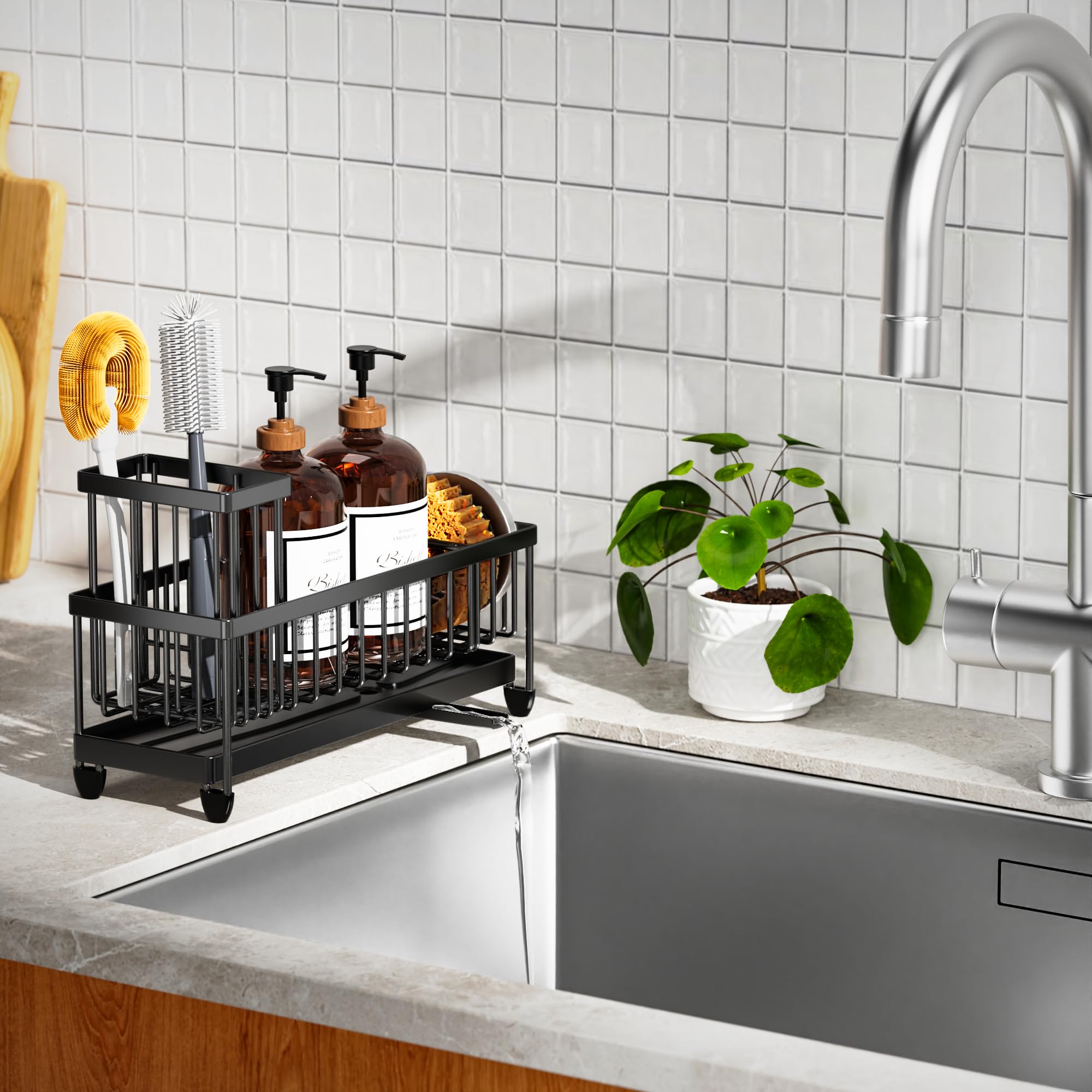 Kitchen Sink Sponge Holder with Brush Organizer